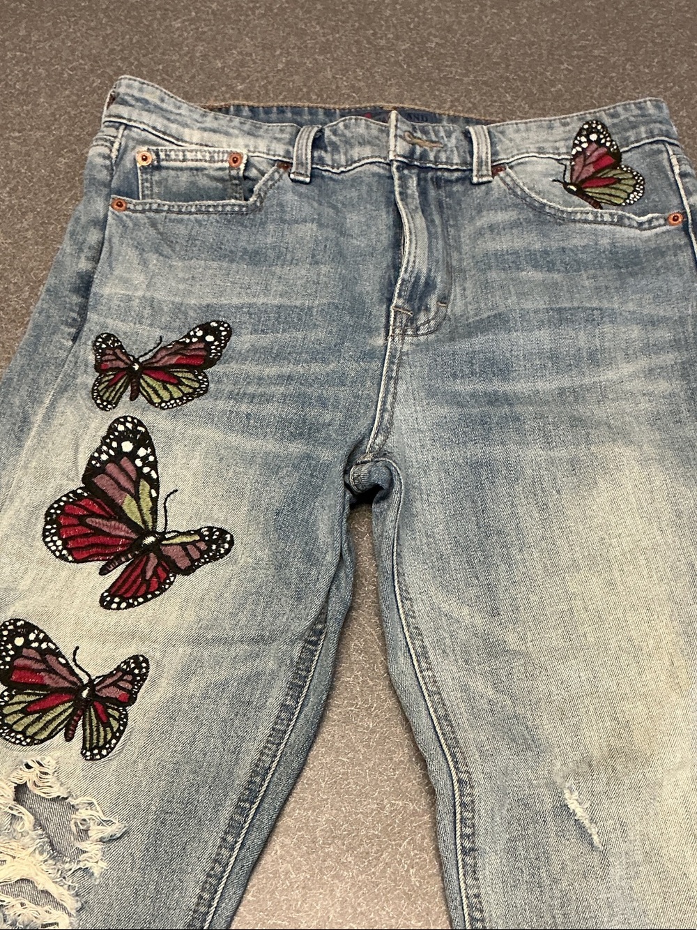 Lucky Brand Light Blue Denim Jeans with Pink & Green Butterfly Embroidery